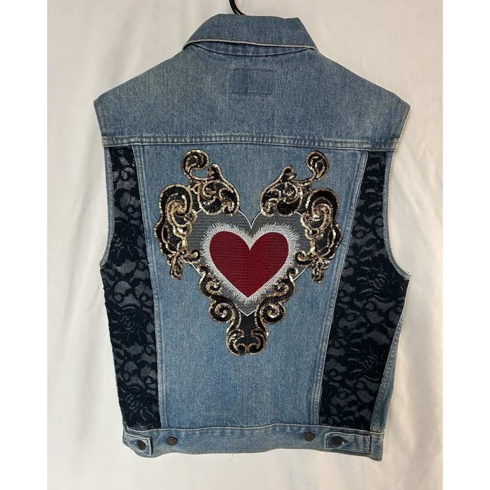 GAP Denim Vest Custom Lace Heart Sequin Embroidered Western Y2K Festival Sz 36 S